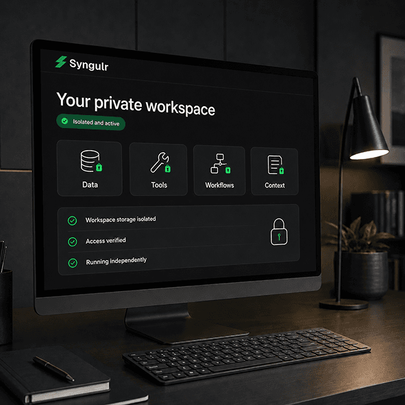 A monitor on a desk showing the Syngulr private workspace screen: isolated and active, with storage, tools, workflows, and context all verified