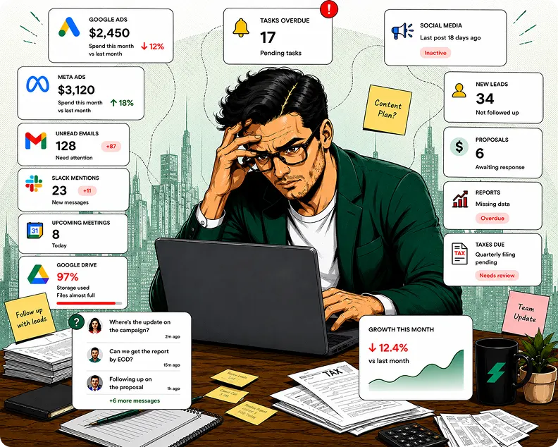 Overwhelmed business owner surrounded by tasks and notifications